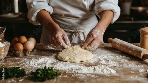 A person is making dough on a wooden table with eggs and parsley on the table. The dough is being rolled out and the person is wearing an apron