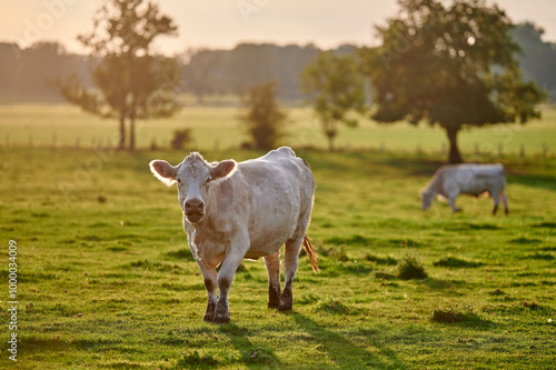 Obraz na płótnie Serene scene of Charolais cows and calves in a lush green pasture during a peaceful autumn afternoon in rural England. w salonie
