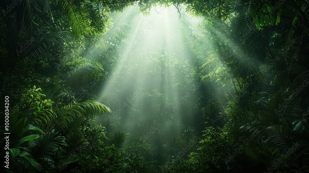 Obraz premium A forest with sunlight shining through the trees. The light is bright and warm, creating a peaceful and serene atmosphere. The trees are lush and green, and the leaves are full and vibrant