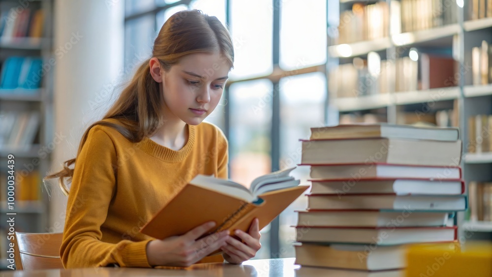 Distance education. Lady teenager in wireless headphones studying writing on desk at home, side view. Schoolgirl practices for exam assignment Distance education. Lady teenager in wireless headphones studying writing on desk at home, side view. Schoolgirl practices for exam assignment