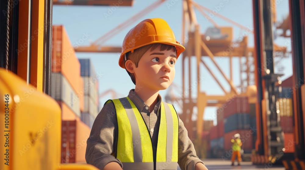 A young boy in a safety vest and helmet observes a busy industrial port with containers. A young boy in a safety vest and helmet observes a busy industrial port with containers.