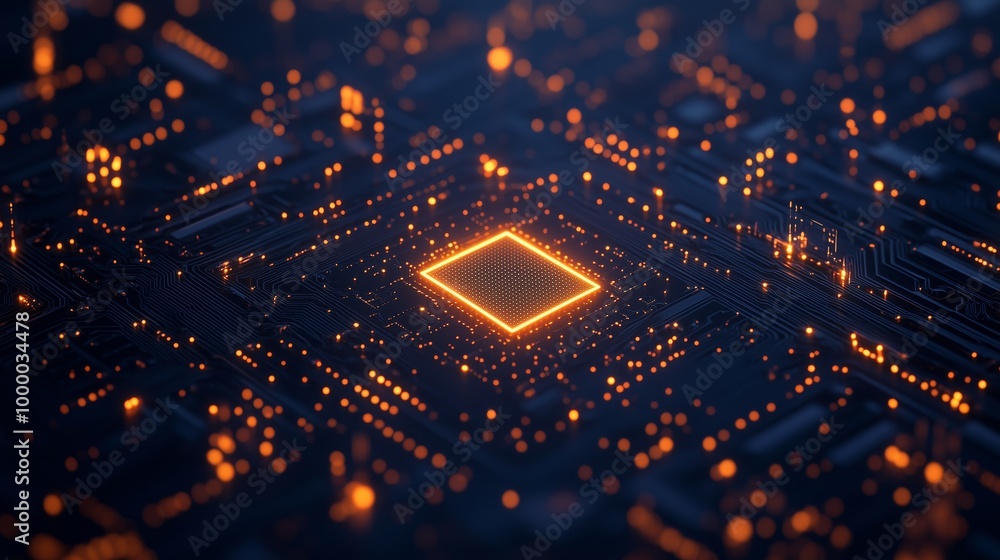 A digital illustration of an abstract circuit board with glowing lights and data streams, representing the concept of artificial intelligence in technology. A digital illustration of an abstract circuit board with glowing lights and data streams, representing the concept of artificial intelligence in technology.