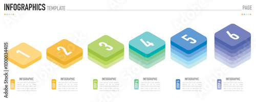Rectangular isometric infographic template or element with 6 step, process, option, colorful rectangle, bar, column, arrow, minimal style, slide