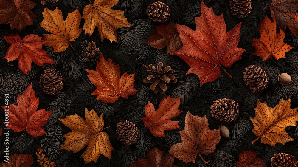 A black and orange background with a variety of leaves and pine cones. The leaves are of different sizes and shapes, and the pine cones are scattered throughout the image. Scene is warm and inviting A black and orange background with a variety of leaves and pine cones. The leaves are of different sizes and shapes, and the pine cones are scattered throughout the image. Scene is warm and inviting