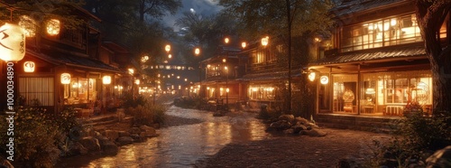 A serene riverside scene with traditional lantern-lit buildings at night.