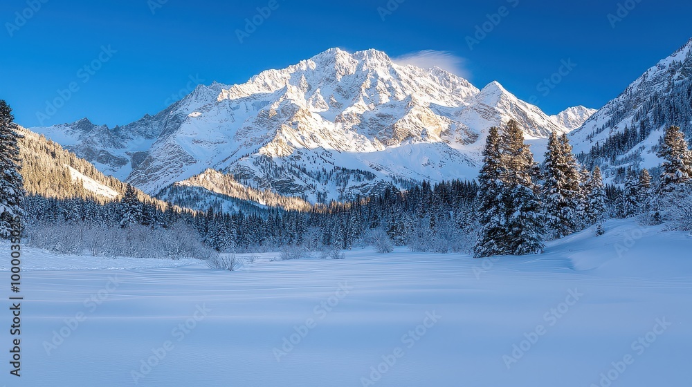 A snowy mountain range with a clear blue sky. The mountains are covered in snow and the trees are bare. The scene is peaceful and serene, with the snow-covered landscape creating a sense of calm A snowy mountain range with a clear blue sky. The mountains are covered in snow and the trees are bare. The scene is peaceful and serene, with the snow-covered landscape creating a sense of calm