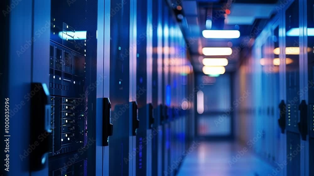 Server room corridor with flashing lights showing data transferring inside the hardware equipment. This image is perfect for technology and communication concepts Server room corridor with flashing lights showing data transferring inside the hardware equipment. This image is perfect for technology and communication concepts