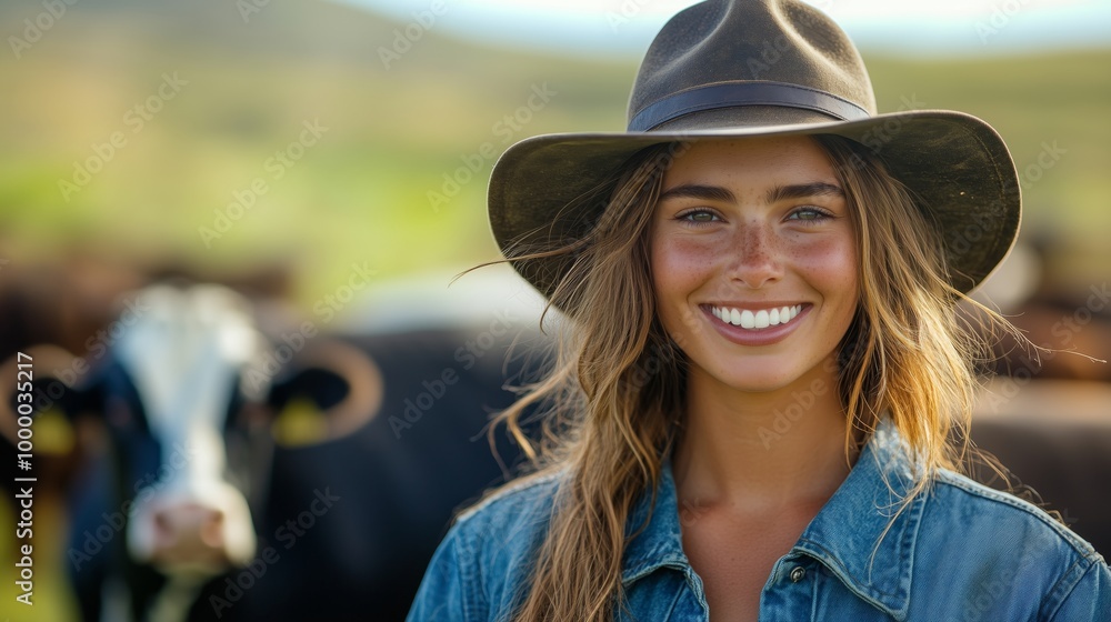 A portrait of an female farmer smiling in front of her herd, wearing denim and a hat. A portrait of an female farmer smiling in front of her herd, wearing denim and a hat.