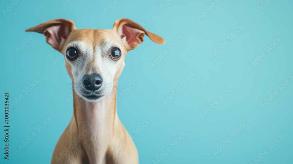 A close-up portrait of a dog against a light blue background. A close-up portrait of a dog against a light blue background.