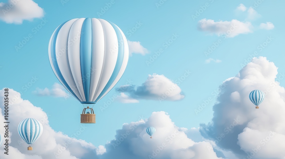 Obraz premium A blue and white hot air balloon is flying through the sky. The sky is filled with clouds, and the balloon is the only object visible