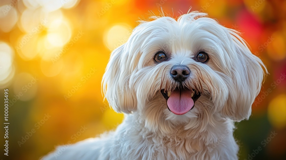 A cheerful white dog with a playful expression against a colorful autumn background. A cheerful white dog with a playful expression against a colorful autumn background.