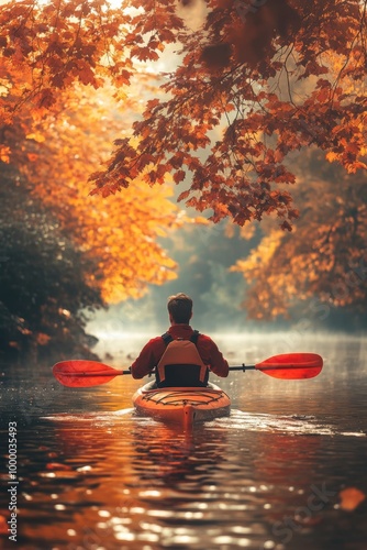 A person kayaking in water with colorful Autumn foliage woods