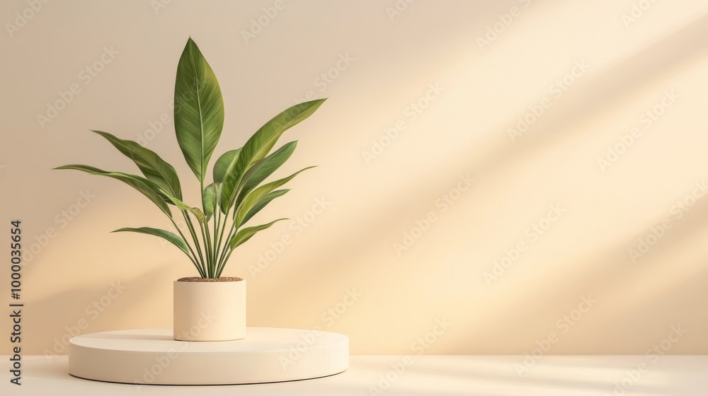 A potted plant on a minimalist pedestal against a soft, warm background. A potted plant on a minimalist pedestal against a soft, warm background.