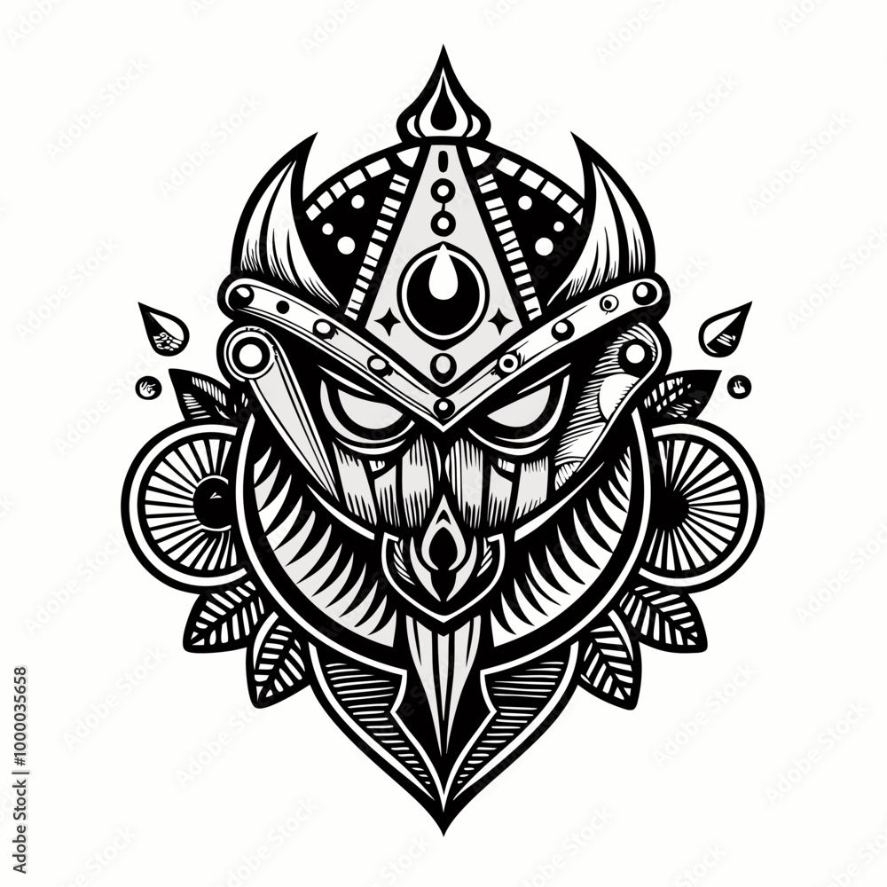 Intricate Tribal Owl Design with Geometric Elements in Monochrome Art Intricate Tribal Owl Design with Geometric Elements in Monochrome Art