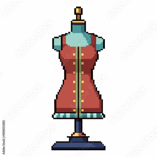 Pixel Art Tailor's Mannequin with Vintage Red Dress Illustration