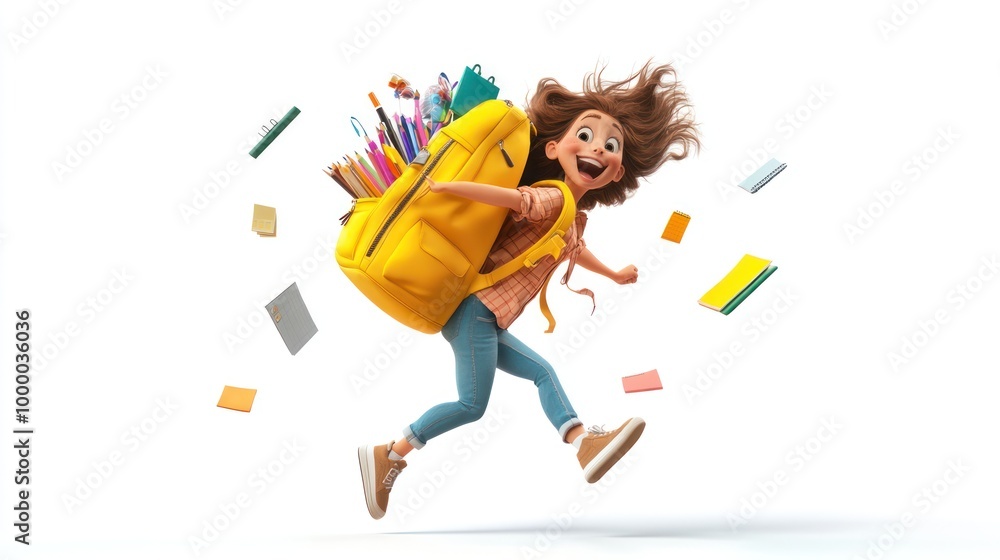 A joyful child with a yellow backpack filled with school supplies, running excitedly. A joyful child with a yellow backpack filled with school supplies, running excitedly.