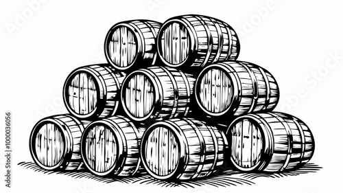 Stacked Wooden Barrels Vintage Black and White Illustration for Rustic Design