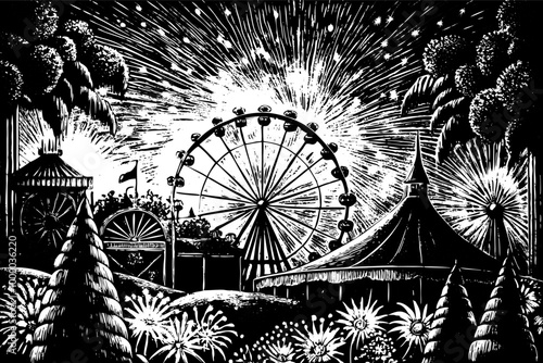 Black and White Carnival Night with Ferris Wheel and Fireworks