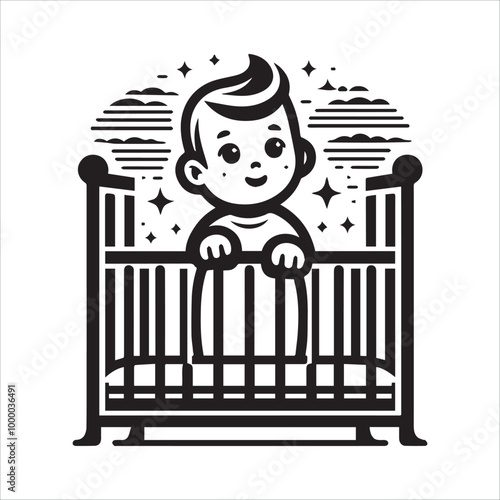 Baby standing in the crib, looking curiously at the surroundings vector illustration silhouette