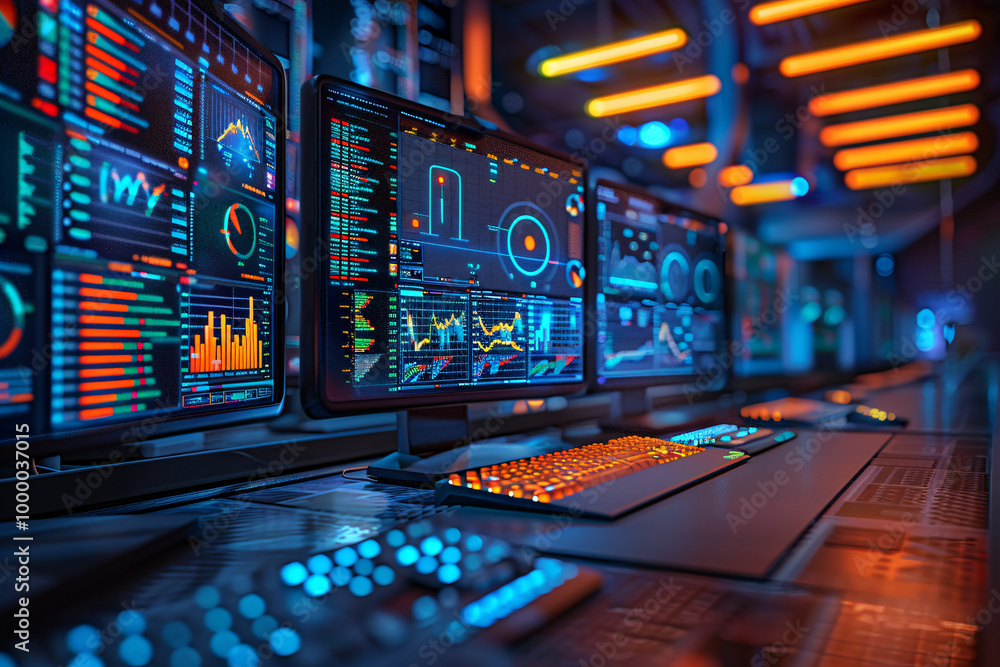 Computer monitors displaying stock data graphs in a modern control room or meeting room, showcasing financial analysis and monitoring. Computer monitors displaying stock data graphs in a modern control room or meeting room, showcasing financial analysis and monitoring.