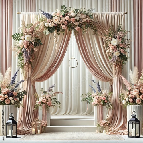 Elegant Wedding Ceremony Decor with Floral Arch and Drapes