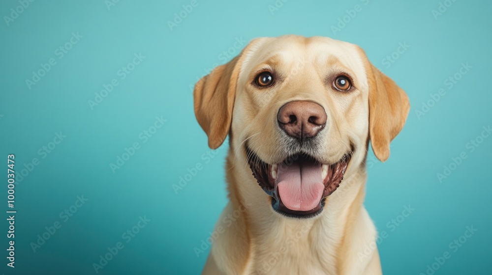 A cheerful Labrador retriever with a bright smile against a blue background. A cheerful Labrador retriever with a bright smile against a blue background.