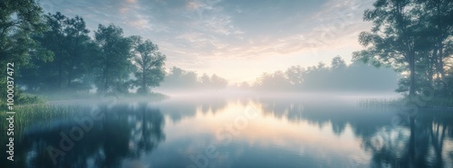 Serene landscape with a misty lake reflecting the sky and surrounding trees at dawn.