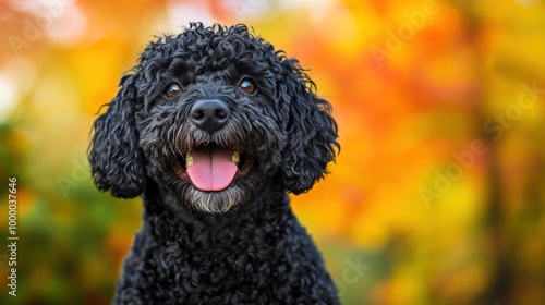 A happy black dog with curly fur sits in front of colorful autumn foliage.