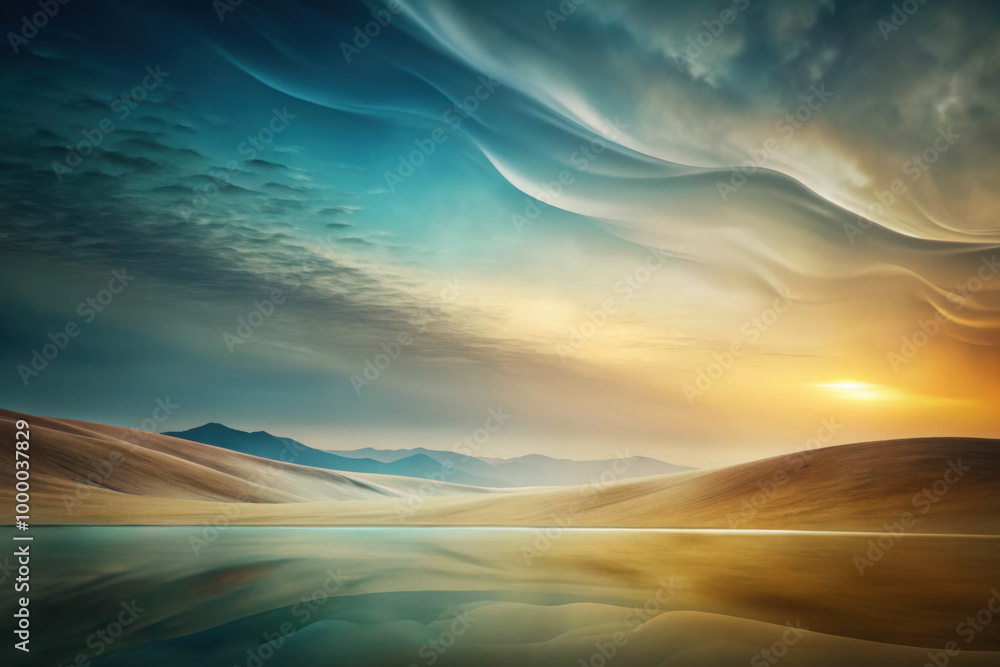 Breathtaking sunset reflects on tranquil lake with dramatic clouds over distant mountains and golden sandy hills at dusk. Generative AI Breathtaking sunset reflects on tranquil lake with dramatic clouds over distant mountains and golden sandy hills at dusk. Generative AI