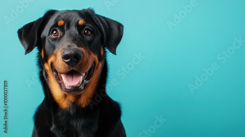 A happy dog with a shiny coat against a turquoise background, showcasing joy and companionship.