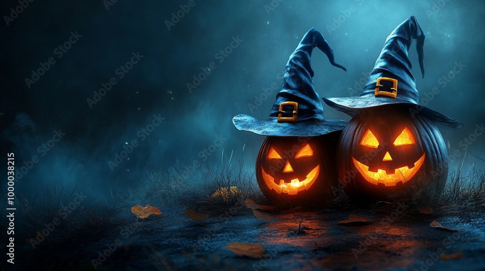 Fototapeta premium Glowing Jack-o'-Lanterns with Witch Hats in a Spooky Halloween Forest