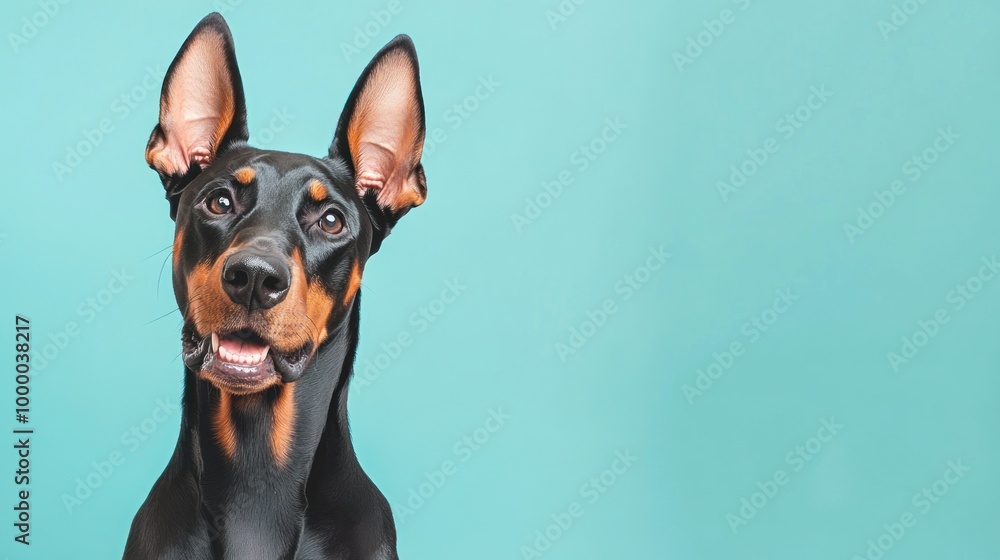 A happy Doberman dog with perked ears against a light blue background. A happy Doberman dog with perked ears against a light blue background.
