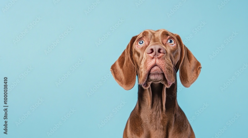 A brown dog with blue eyes gazes upward against a light blue background. A brown dog with blue eyes gazes upward against a light blue background.