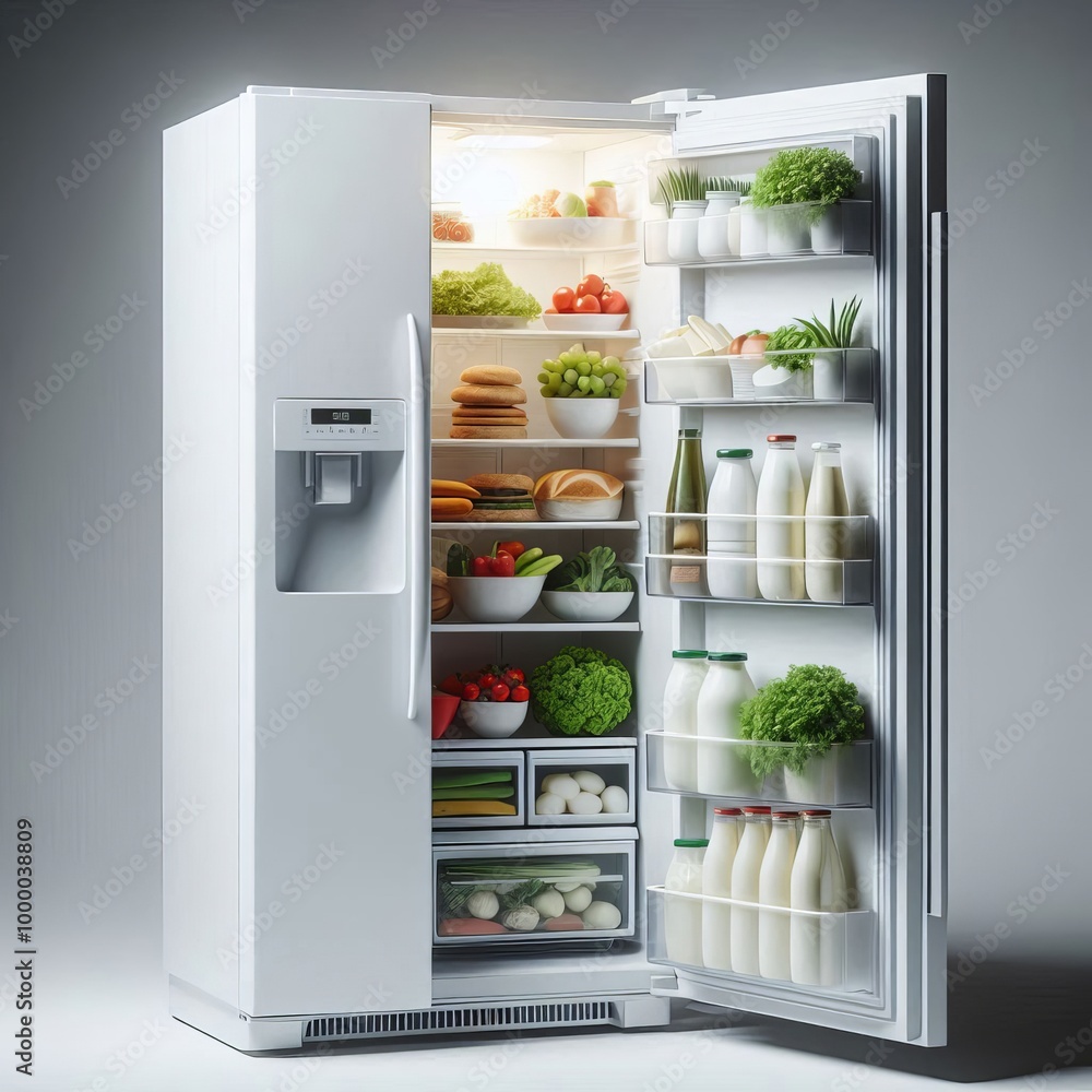 An open refrigerator filled with a variety of fresh groceries, including milk, vegetables, and other essentials. The modern design and organization emphasize freshness and convenience.. AI Generation An open refrigerator filled with a variety of fresh groceries, including milk, vegetables, and other essentials. The modern design and organization emphasize freshness and convenience.. AI Generation