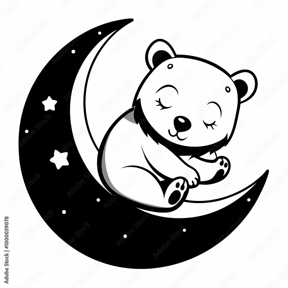 Bear cub sweetly sleeping on a crescent moon. A fairy tale character ...