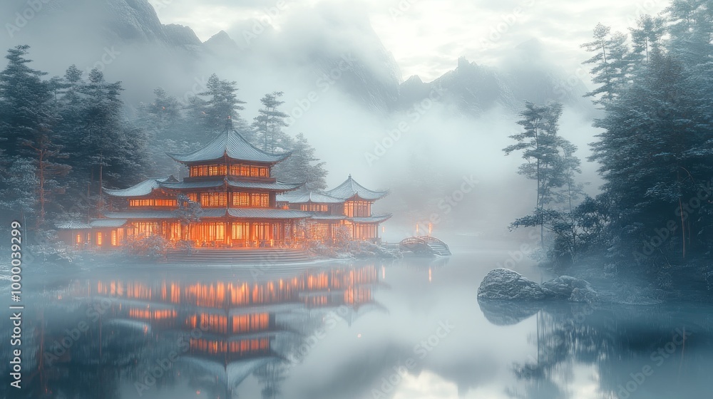 Serene mist-covered lake with an illuminated traditional building. Serene mist-covered lake with an illuminated traditional building.