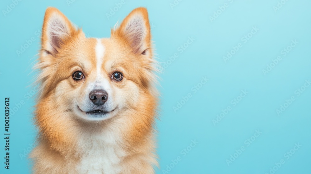 A close-up of a cheerful dog with fluffy fur against a light blue background. A close-up of a cheerful dog with fluffy fur against a light blue background.