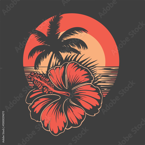 Logo vacaciones en Hawái. Silueta de flor de hibisco con líneas y relleno