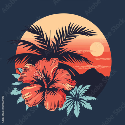 Logo vacaciones en Hawái. Silueta de flor de hibisco con líneas y relleno