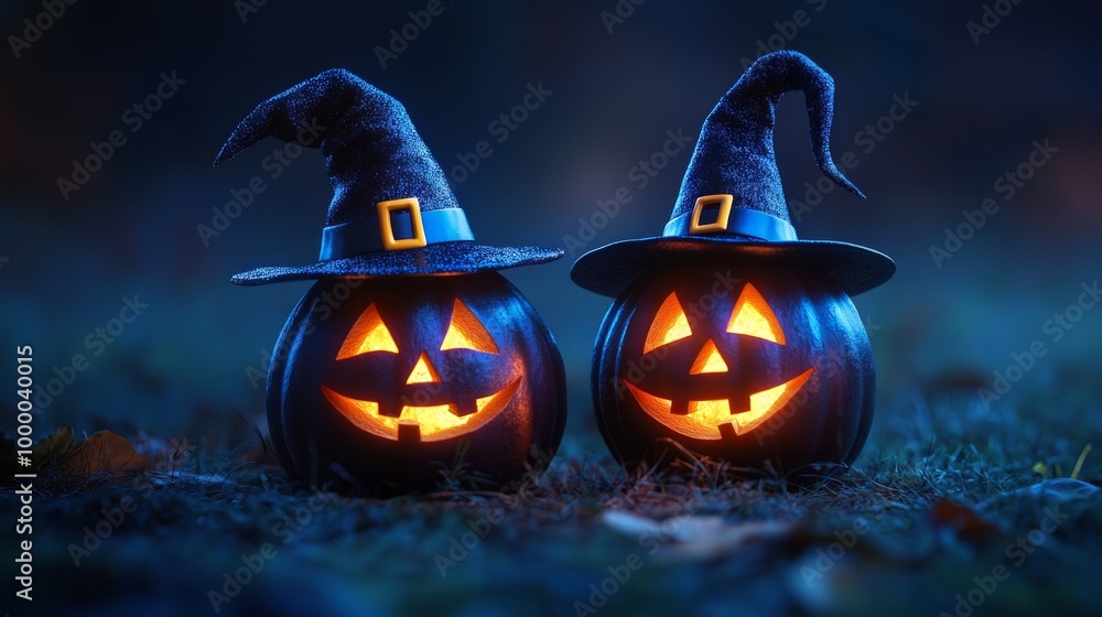 Fototapeta premium Glowing Jack-o'-Lanterns with Witch Hats in a Spooky Halloween Forest