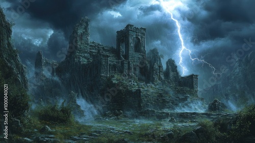 A dramatic thunderstorm over an ancient ruin, with lightning bolts striking the crumbling stone structures and casting eerie shadows. The dark clouds loom overhead, and the lightning's illumination