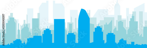 Blue panoramic city skyline poster with bluish misty transparent background buildings of SAN DIEGO, UNITED STATES