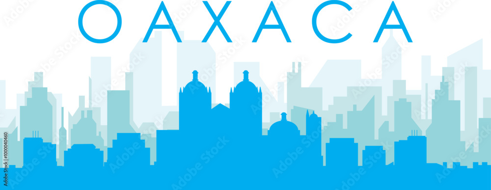 Blue panoramic city skyline poster with bluish misty transparent background buildings of OAXACA, MEXICO Blue panoramic city skyline poster with bluish misty transparent background buildings of OAXACA, MEXICO