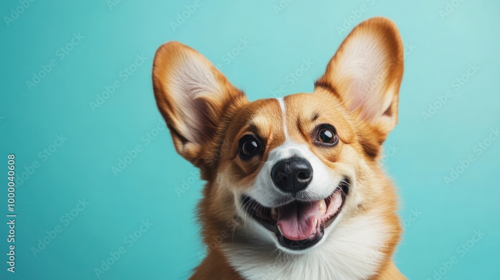 A cheerful corgi with large ears and a bright smile against a turquoise background. A cheerful corgi with large ears and a bright smile against a turquoise background.