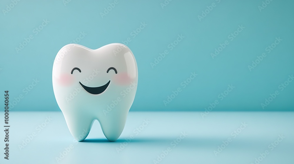 A cheerful tooth character displayed against a blue background A cheerful tooth character displayed against a blue background