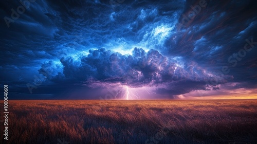 A lightning storm over a vast prairie, with bolts of lightning striking the open fields and illuminating the expansive landscape. The dark clouds and intense flashes of light create a dramatic