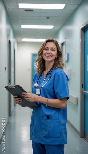 Smiling female nurse wearing scrubs holding a clipboard in a hospital hallway