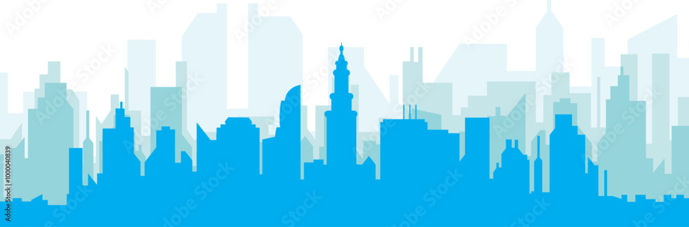 Obraz premium Blue panoramic city skyline poster with bluish misty transparent background buildings of MIAMI, UNITED STATES