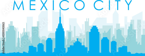 Blue panoramic city skyline poster with bluish misty transparent background buildings of MEXICO CITY, MEXICO