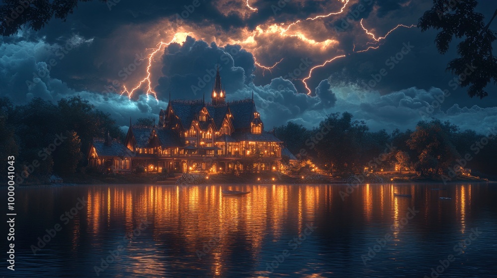 A thunderstorm over a scenic lake house, with lightning bolts illuminating the charming building and its surrounding landscape. The dark storm clouds create a dramatic atmosphere, and the lightning's A thunderstorm over a scenic lake house, with lightning bolts illuminating the charming building and its surrounding landscape. The dark storm clouds create a dramatic atmosphere, and the lightning's